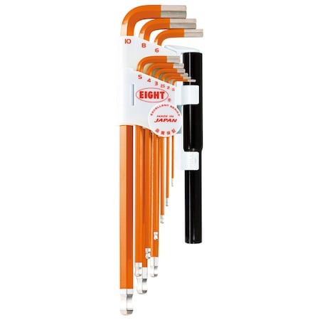 Eight Tool TAPER HEAD HEX KEY L-HANDLE EXTRA LONG SET, 9PC 1.5-10MM ORNG W/EXTENSION PIPES TLC-S9NPOR